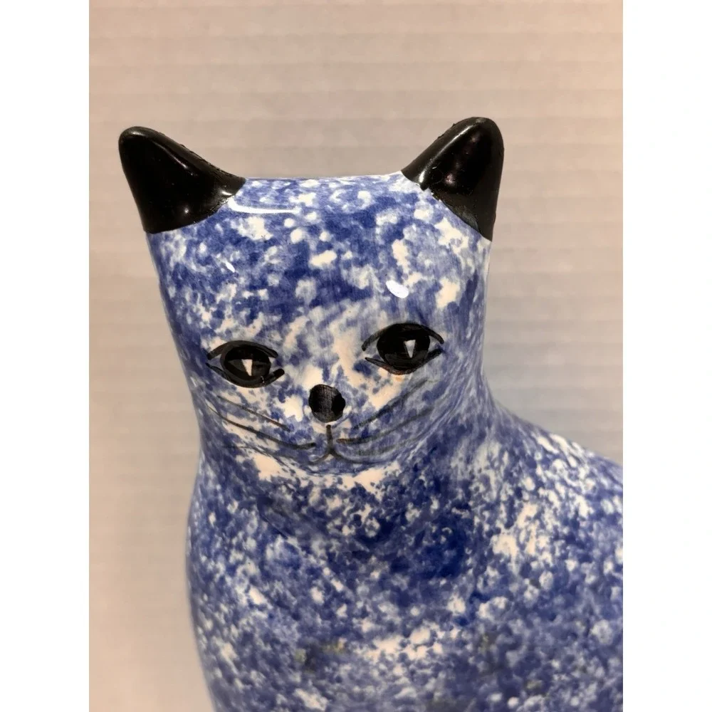 Cat Kitty Vintage Sponged‎ Painted Blue and White Coin Bank 9